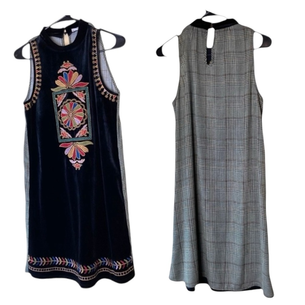 THML Embroidered Black Velvet Dress Mixed Media Back is Glen plaid Size Small‎